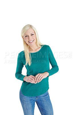 Buy stock photo Portrait of a beautiful blonde woman in casualwear standing against a white background