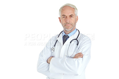 Buy stock photo Portrait of a handsome mature male doctor standing against a white background