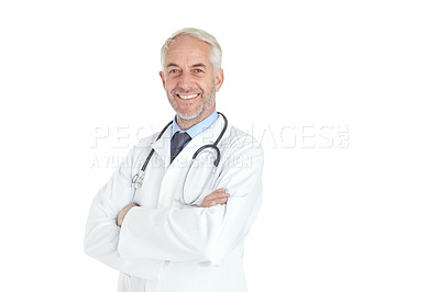 Buy stock photo Portrait of a handsome mature male doctor standing against a white background