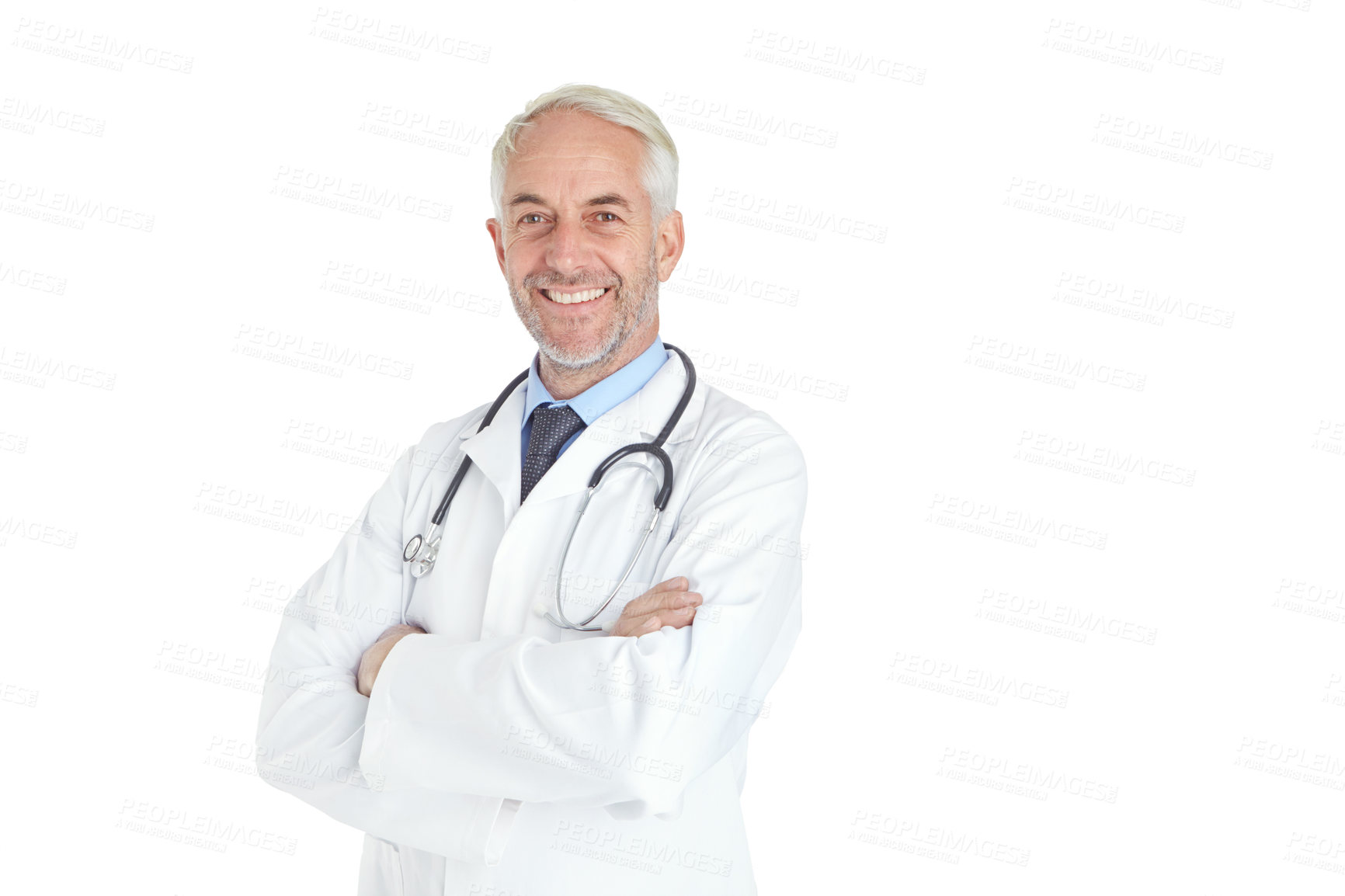 Buy stock photo Portrait of a handsome mature male doctor standing against a white background