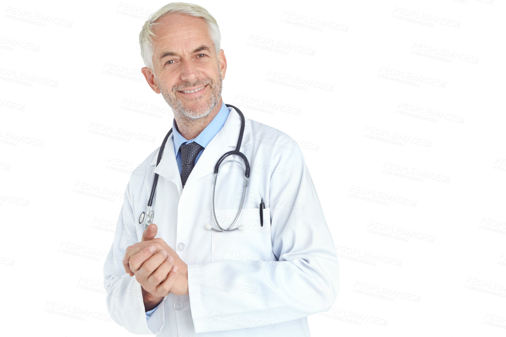 Buy stock photo Portrait of a handsome mature male doctor standing against a white background