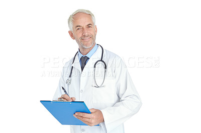 Buy stock photo Portrait of a handsome mature male doctor standing with a medical chart against a white background