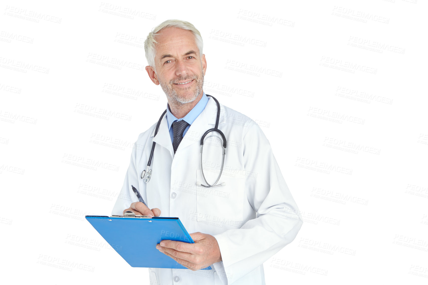 Buy stock photo Portrait of a handsome mature male doctor standing with a medical chart against a white background