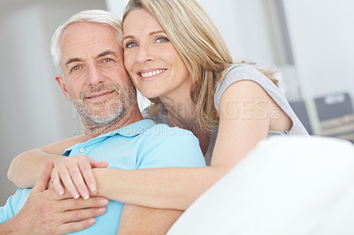 Buy stock photo Old couple, love and happy portrait in their home with trust, care and support for retirement lifestyle. Senior man and women in a healthy marriage with commitment and security on a living room couch