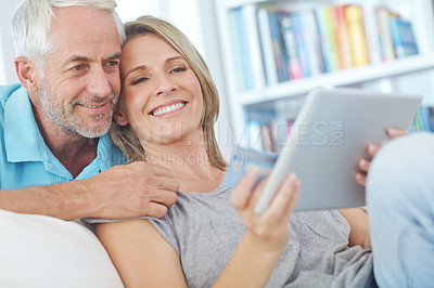 Buy stock photo Online shopping, tablet and senior couple with credit card for digital banking payment, fintech or finance sales. Website search, marriage love or customer with gift card for ecommerce retail product