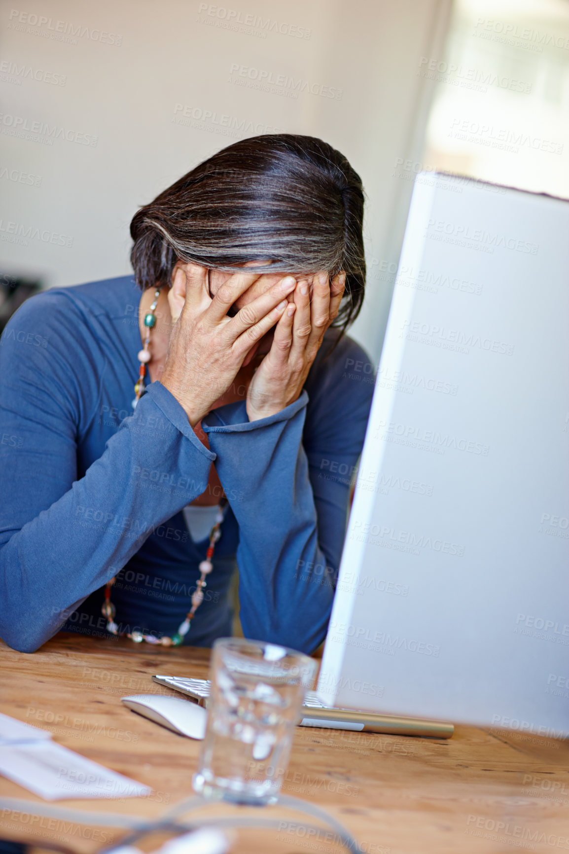 Buy stock photo Fatigue, computer and business woman in office, exhausted with 404 error, pain or web issue. Frustrated, headache and tired mature lady with stress, anxiety and burnout for management crisis at desk