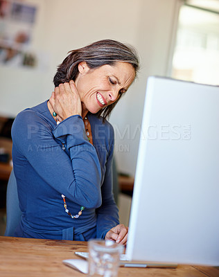 Buy stock photo Neck pain, computer and business woman in office, exhausted with 404 error or web fatigue. Frustrated, headache and tired mature lady with stress, anxiety and burnout for management crisis at desk