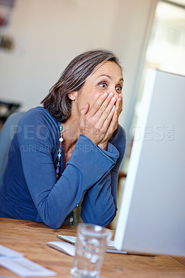 Buy stock photo Mature woman, office and excited with computer for shocked, surprise or victory celebration. Creative manager, happy and information for employee contract success or designer networking goals