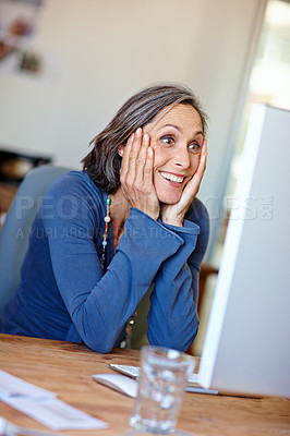 Buy stock photo Mature woman, office and surprise with computer for shocked, excited or victory celebration. Creative manager, happy and information for employee contract success or designer networking goals