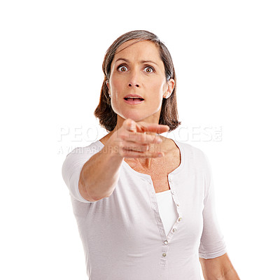 Buy stock photo Portrait, surprise and woman pointing to you, shocked and person isolated on white studio background. Face, model and lady with hand gesture, motivation and opportunity with reaction and expression