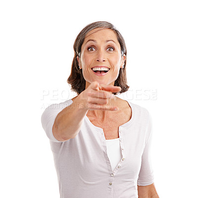 Buy stock photo Portrait, surprise and woman pointing to you, wow and person isolated on white studio background. Face, model and lady with hand gesture, winner and opportunity with reaction and facial expression