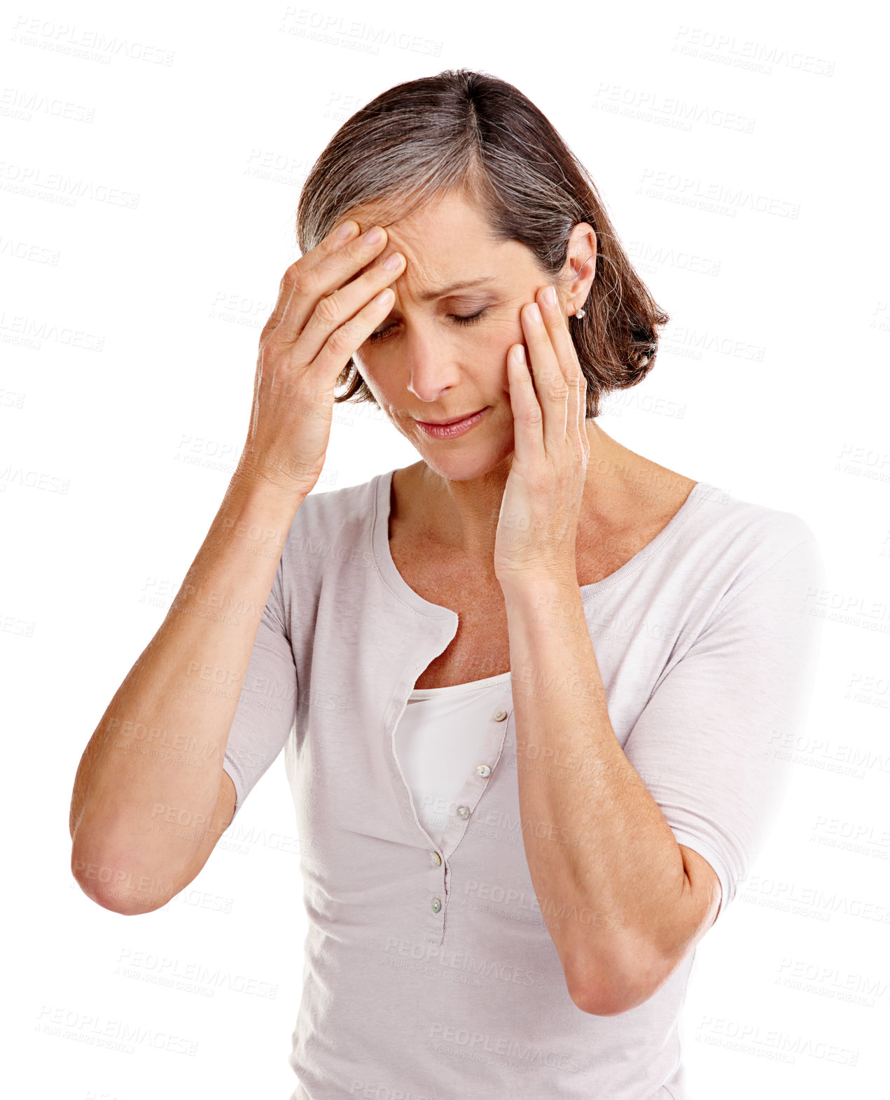 Buy stock photo Studio shot of a mature woman suffering from a headache