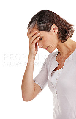 Buy stock photo Mature woman, studio and headache or stress on white background with anxiety and worried. Female person, profile and sad with migraine or suffer on burnout, tired and nauseous with heath or sick