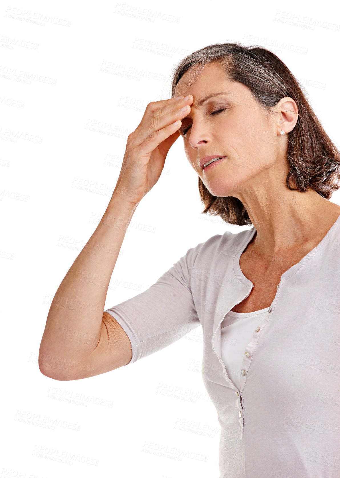 Buy stock photo Mature woman, studio and migraine or stress on white background with anxiety and worried. Female person, profile and sad with headache or suffer on burnout, tired and nauseous with healthcare issue