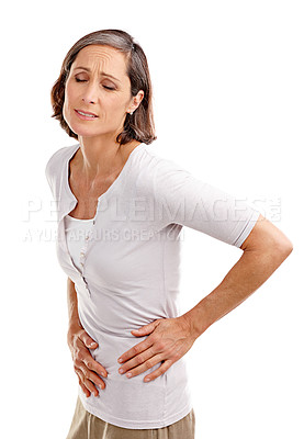 Buy stock photo Mature woman, studio and stomach cramps or abdomen pain for menstruation on white background. Female person, emergency and sad with belly ache, diarrhea disease or infection and constipation or gas