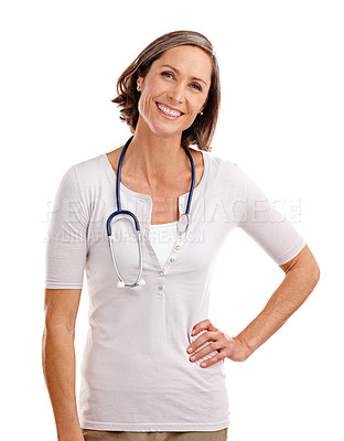 Buy stock photo Mature woman, doctor and happy in studio on portrait with confidence for healthcare on white background. Female person, medical professional and cardiologist with smile or pride for career growth