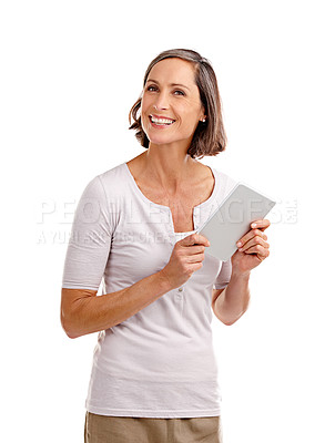 Buy stock photo Mature woman, studio and tablet with happiness on portrait on social media on white background. Female person, smile and satisfied in confidence on internet or online for communication and connection