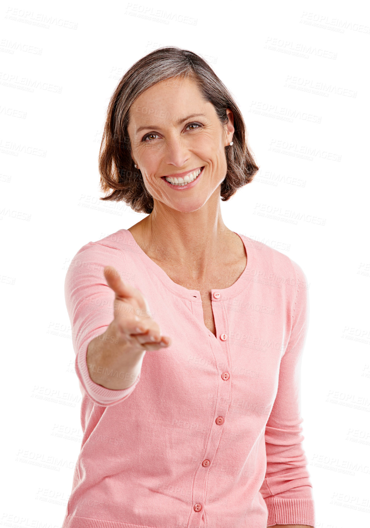 Buy stock photo Portrait, happy woman and offer for handshake in studio, isolated on white background for deal. Smile, confident or mature teacher stretching arm to welcome for introduction, support or agreement