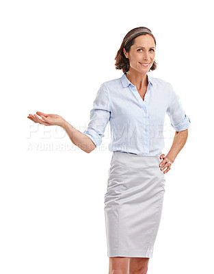 Buy stock photo Portrait, business and woman presenting in studio for promotion, advertising and news of coming soon. Mature, female person and hand gesture of corporate opportunity, recruitment and white background