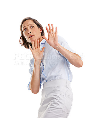 Buy stock photo Scared, business and woman with hands in studio for warning, safety shield and anxiety of horror drama. Mature, female person and fear sign for help alert, crime danger or caution on white background