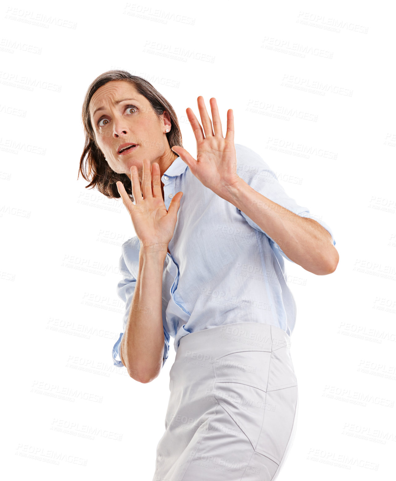 Buy stock photo Scared, business and woman with hands in studio for warning, safety shield and anxiety of horror drama. Mature, female person and fear sign for help alert, crime danger or caution on white background