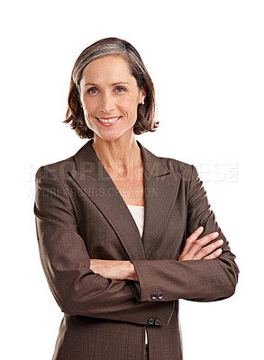 Buy stock photo Cropped portrait of an attractive mature woman in business attire posing in studio