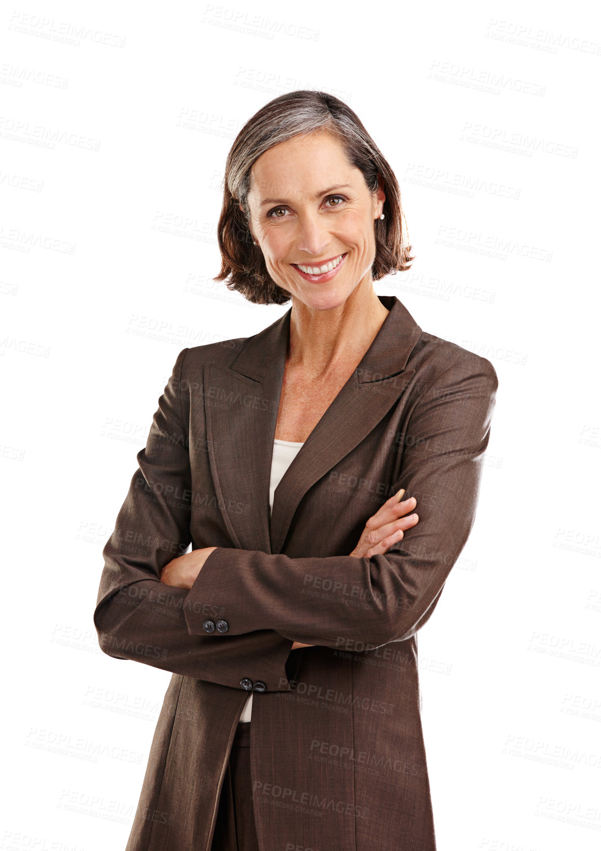 Buy stock photo Portrait, business woman and happy with arms crossed in studio isolated on a white background. Face, boss and mature female ceo, professional or executive from Australia with smile for confidence.