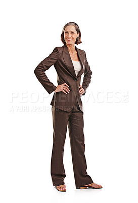 Buy stock photo Portrait, business woman and happy akimbo in studio isolated on a white background. Motivated, boss and mature female ceo, professional and executive from Australia with smile for confidence mindset.