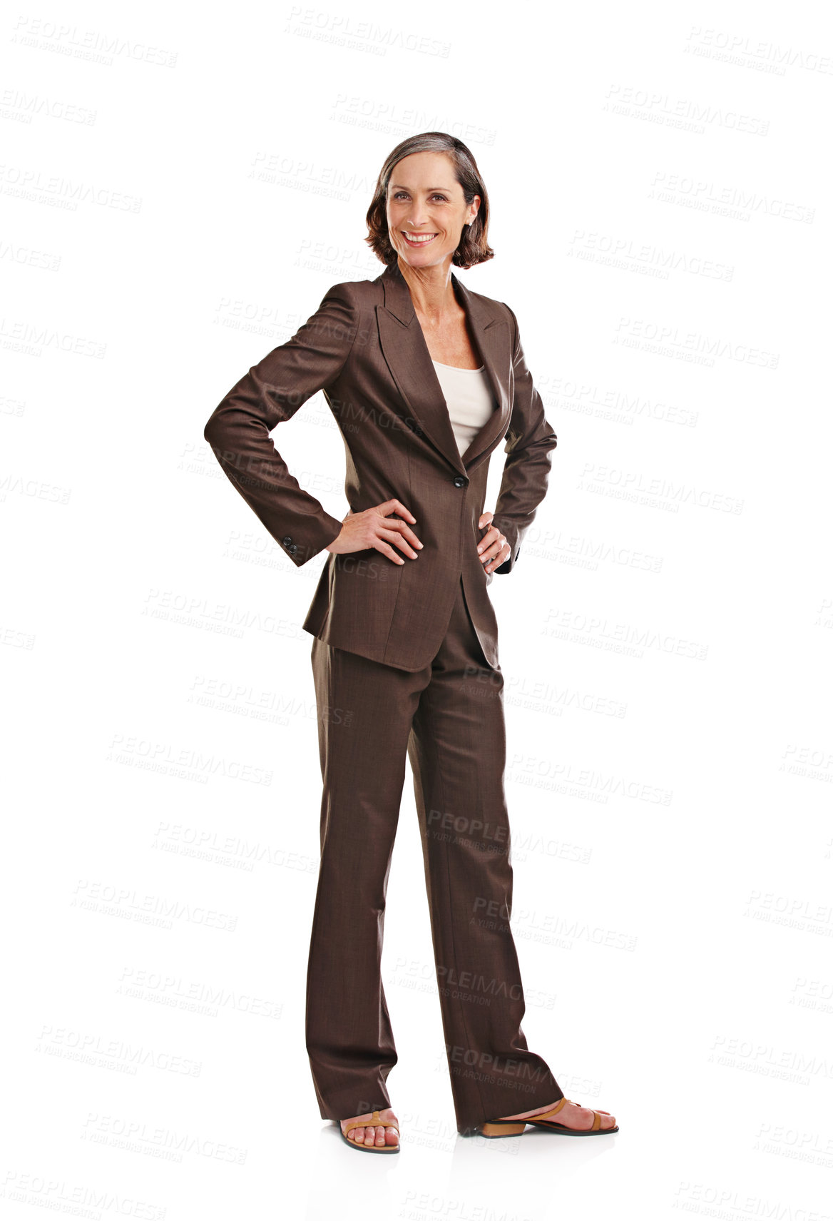 Buy stock photo Portrait, business woman and happy akimbo in studio isolated on a white background. Motivated, boss and mature female ceo, professional and executive from Australia with smile for confidence mindset.