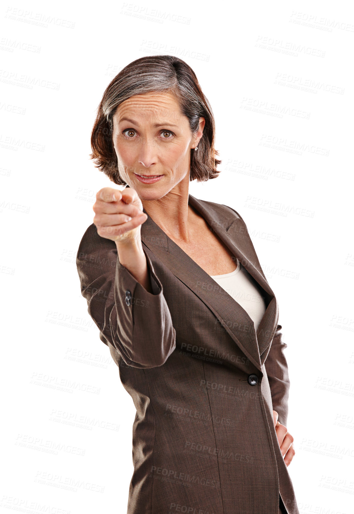 Buy stock photo Portrait, business woman and pointing at you for hiring, recruitment or opportunity. Mature ceo, face and hand gesture for choice, human resources or invitation to join us on white studio background