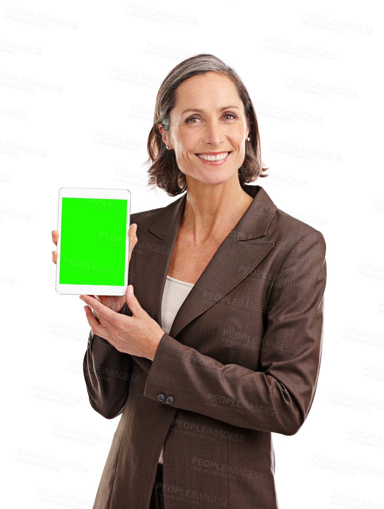 Buy stock photo Portrait, employee and woman with tablet, green screen and internet isolated on white studio background. Face, person and consultant with tech, mockup space and digital app with network and smile