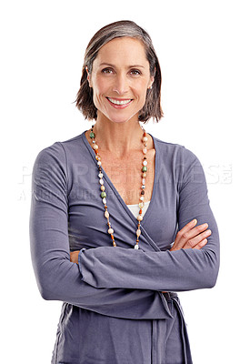 Buy stock photo Mature woman, studio and fashion with arms crossed on portrait with smile on white background. Female person, confidence and happy or satisfied with comfortable clothes with style, outfit or makeover