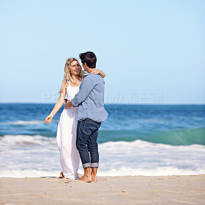 Buy stock photo Beach, hug and couple with love, travel and romance with vacation, relationship and bonding together. Ocean, seaside and man with woman, embrace and adventure with journey, honeymoon and marriage