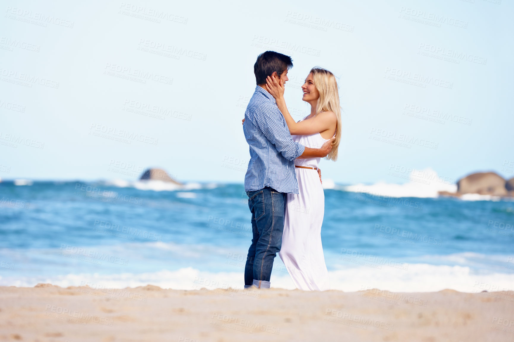 Buy stock photo Beach, hug and couple with love, smile and romance with vacation, relationship and bonding together. Ocean, seaside and happy man with woman, embrace and adventure with journey, travel and marriage