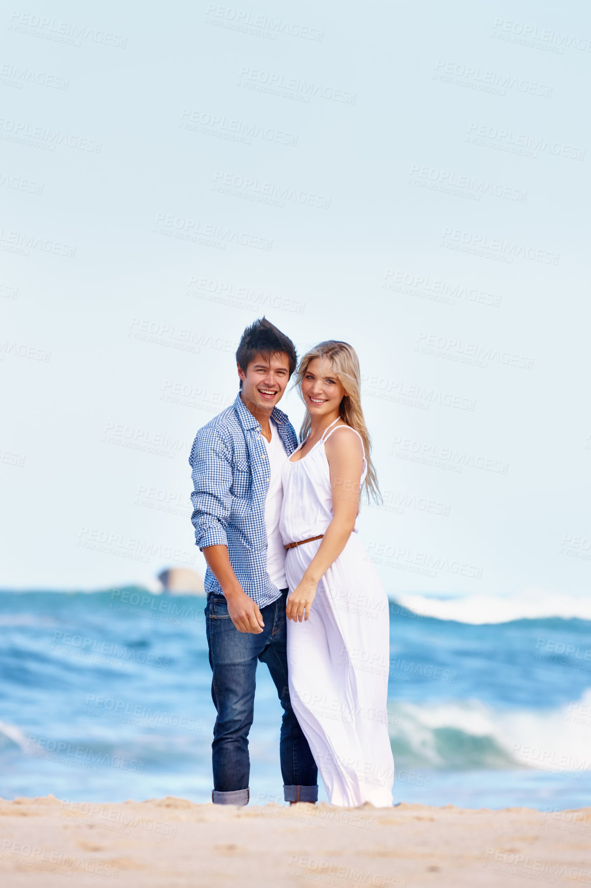 Buy stock photo Portrait, beach and happy couple on holiday, summer vacation and travel to Greece. Smile, man and woman at ocean together for romantic date, love and trip for relationship outdoor with mockup space
