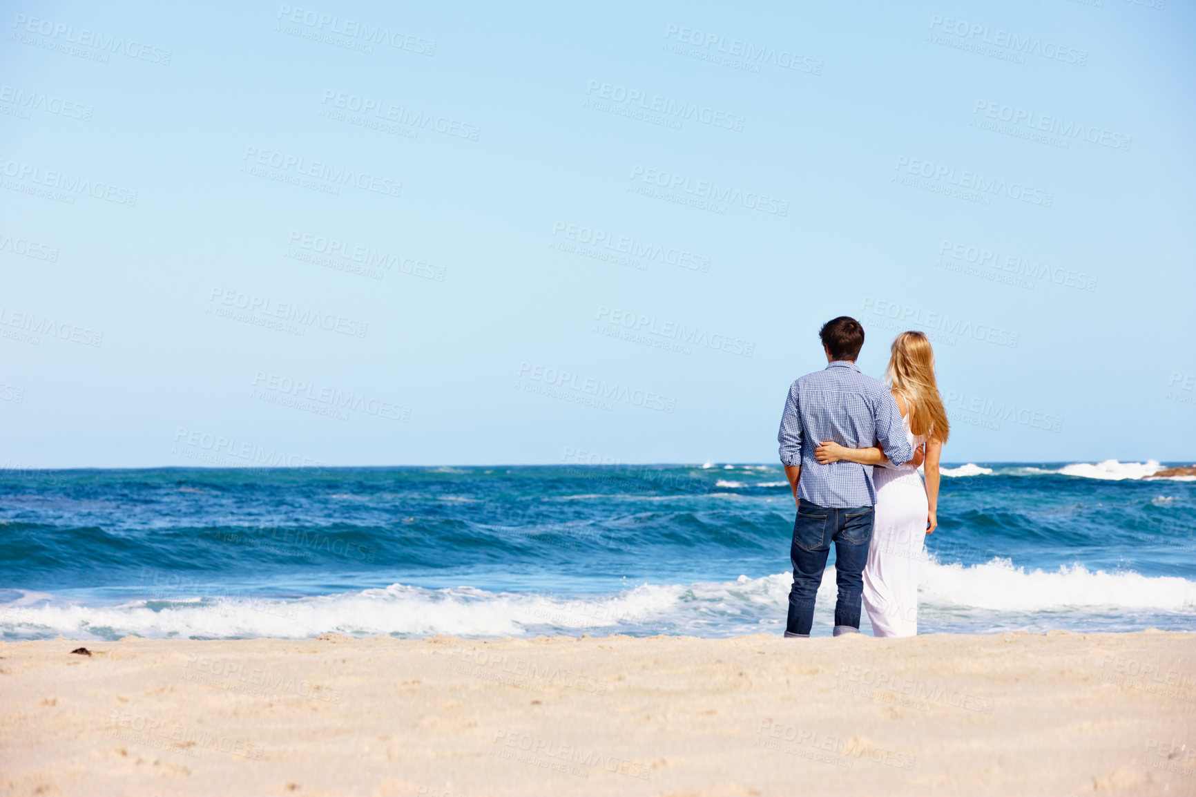 Buy stock photo Back view, sky space or couple in ocean with water or love on vacation, valentines day or holiday. Tropical, mockup or people at beach for bonding together at sea on romantic trip on island in Greece