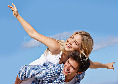 Buy stock photo Couple, piggyback and happy in nature for travel, love or summer vacation at beach. Man, woman or airplane on holiday for freedom, support or commitment in healthy relationship with sky space in Bali