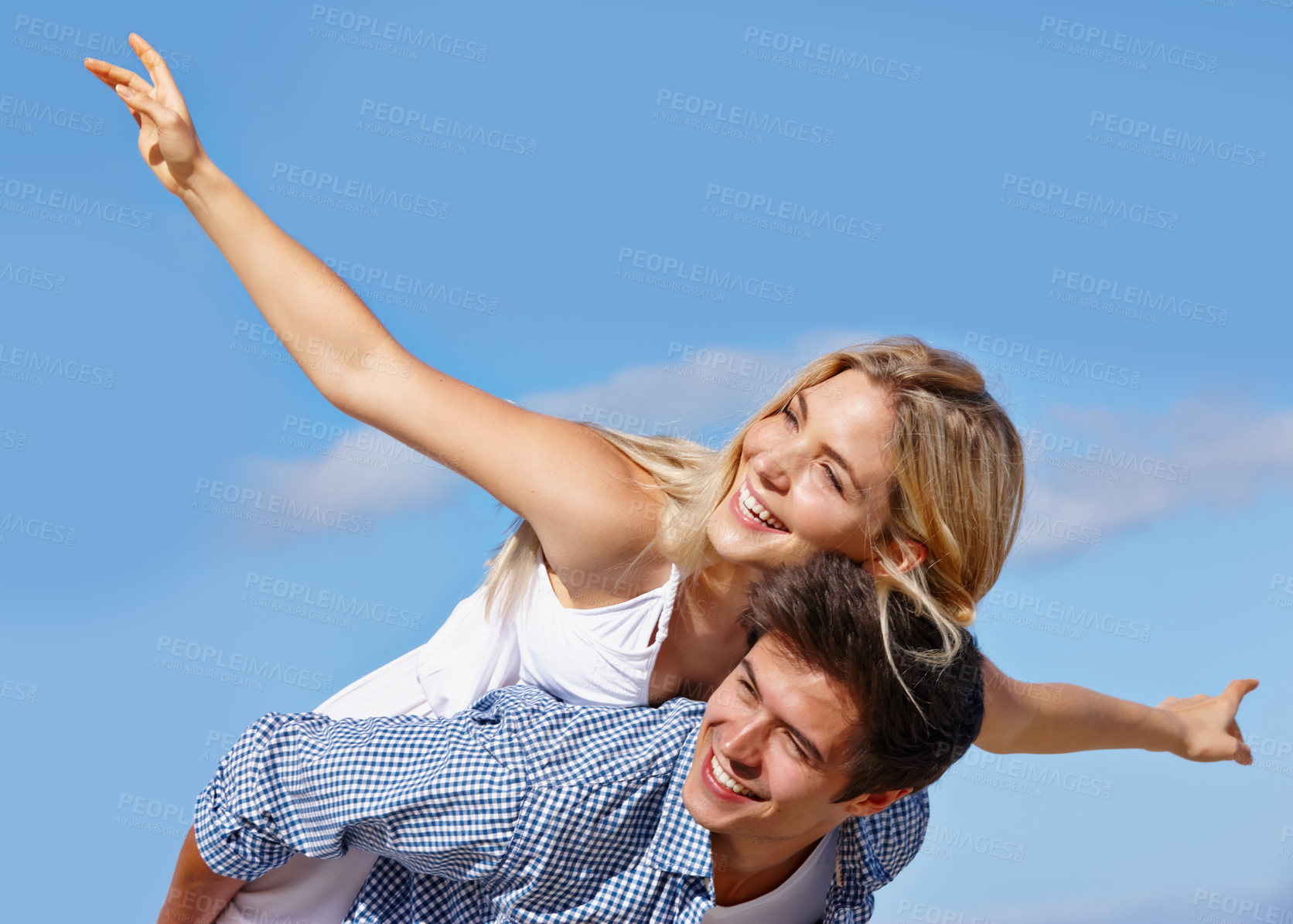 Buy stock photo Couple, piggyback and happy in nature for travel, love or summer vacation at beach. Man, woman or airplane on holiday for freedom, support or commitment in healthy relationship with sky space in Bali