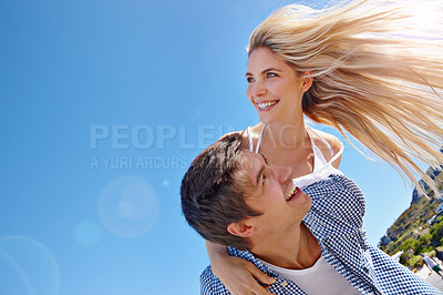 Buy stock photo Sky, carrying and fun for couple, outdoor and celebration of commitment, bonding or happy in relationship. Smile, man and woman on holiday, travel and together in nature, vacation or romance for date