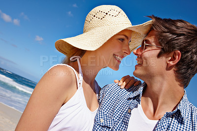 Buy stock photo Love, bonding or couple in ocean with smile or care on vacation, valentines day or holiday. Tropical, summer or people at beach for anniversary together at sea on romantic trip on island in Greece