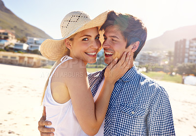 Buy stock photo Love, beach and happy couple hug on holiday, summer vacation or laughing at funny joke. Smile, man and woman embrace in nature together for romantic date, travel and support for relationship outdoor