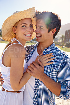 Buy stock photo Love, beach and happy couple hug on summer vacation, holiday and connection. Smile, man and woman embrace in nature together for romantic date, travel and support for healthy relationship outdoor