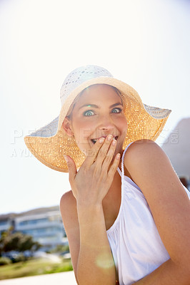 Buy stock photo Woman, portrait and hat with surprise at beach for vacation, holiday or tourist adventure in Miami. Girl, excited and happy with summer break, travel or relax in nature for fresh air or seaside peace