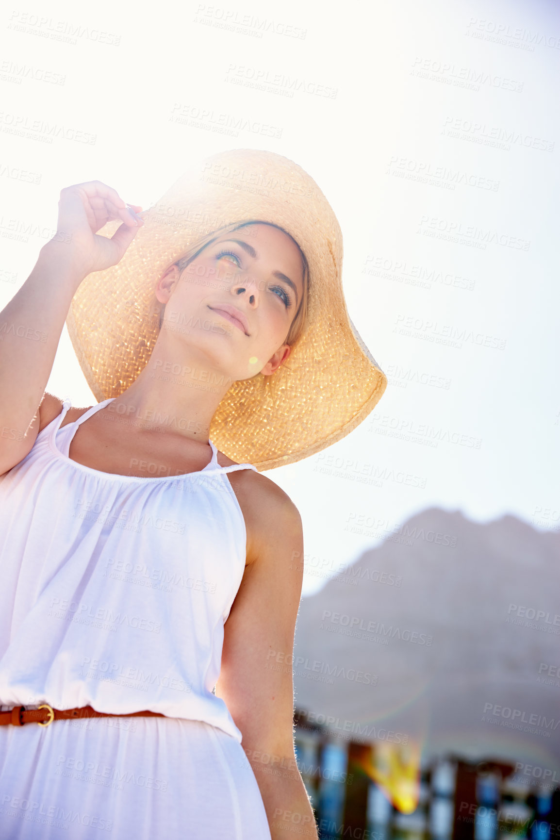 Buy stock photo Woman, thinking and hat with idea at beach for vacation, holiday or tourist adventure in Miami. Below girl, coast and happy for summer break, travel and relax in nature for fresh air or seaside peace