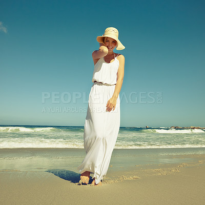 Buy stock photo Happy woman, hat and walking portrait on beach, sun protection and ocean for water adventure. Female person, outdoor and playful on shore of tropical island, tourist and holiday trip to Mauritius