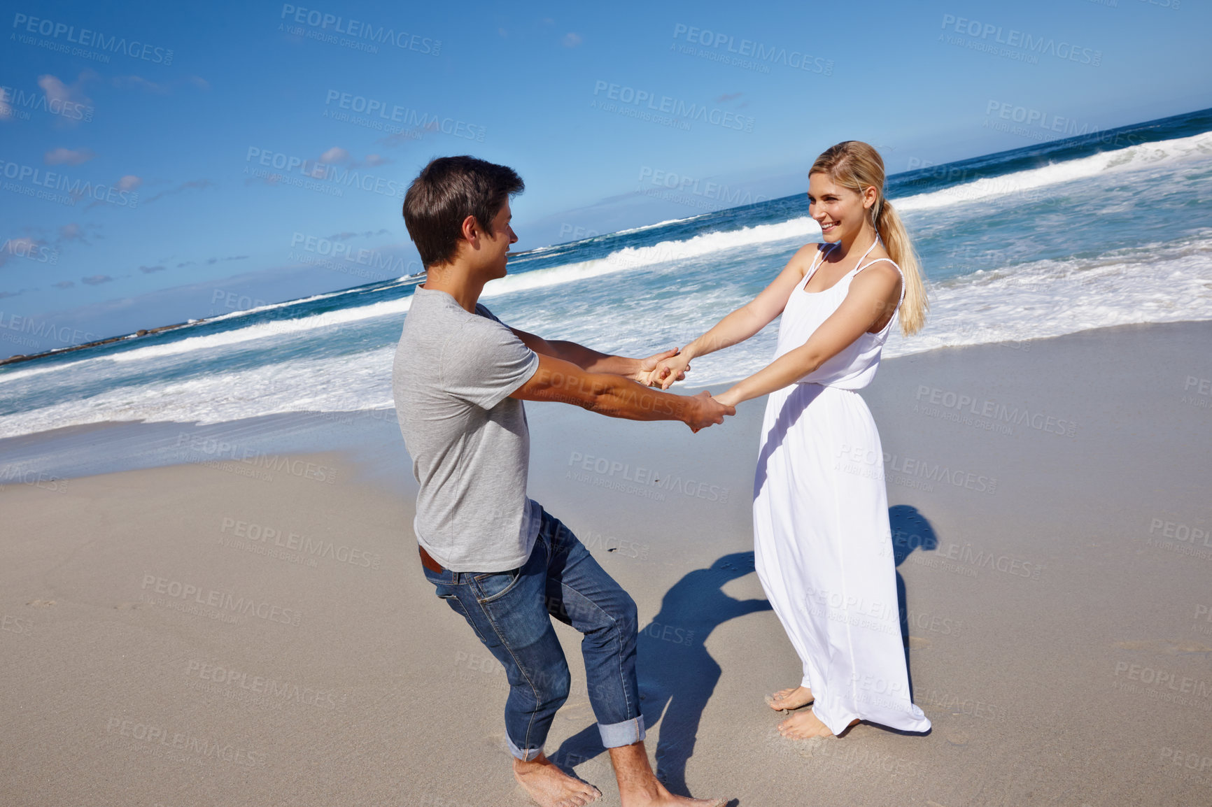 Buy stock photo Beach, hug and couple with love, dancing and romance with vacation, relationship and bonding together. Ocean, seaside and man with woman, embrace and celebration with journey, honeymoon and marriage