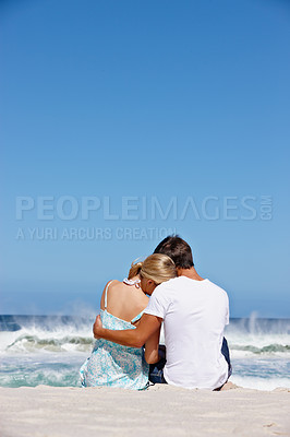 Buy stock photo Back view, space or couple hug at sea with love to relax on vacation, valentines day or holiday. Blue sky, mockup or people at ocean for bonding together at beach on romantic trip on island in Greece