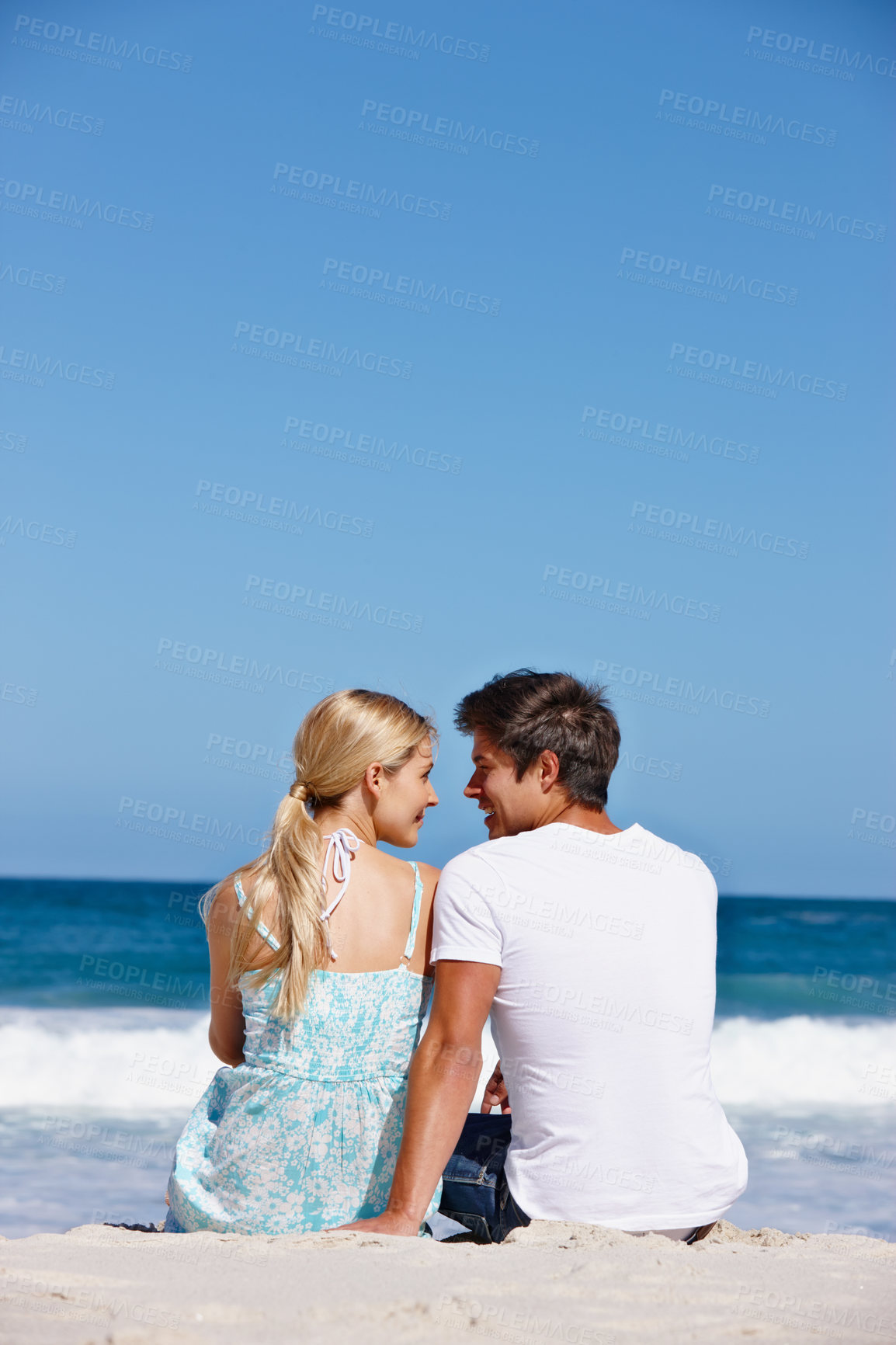 Buy stock photo Back view, sky mockup or couple at sea with love to relax on vacation, valentines day or holiday. Tropical, space or people at ocean for bonding together at beach on romantic trip on island in Greece