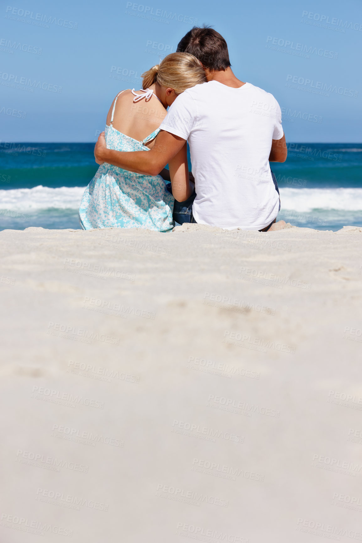 Buy stock photo Back view, sand space or couple at sea with hug to relax on vacation, valentines day or holiday. Love, mockup or people at ocean for bonding together at beach on romantic trip on island in Greece