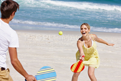 Buy stock photo People, tennis and beach play by waves together for fun, holiday or bonding with sports and exercise in nature. Happy friends, game and Miami ocean with vacation, adventure and travel with trip